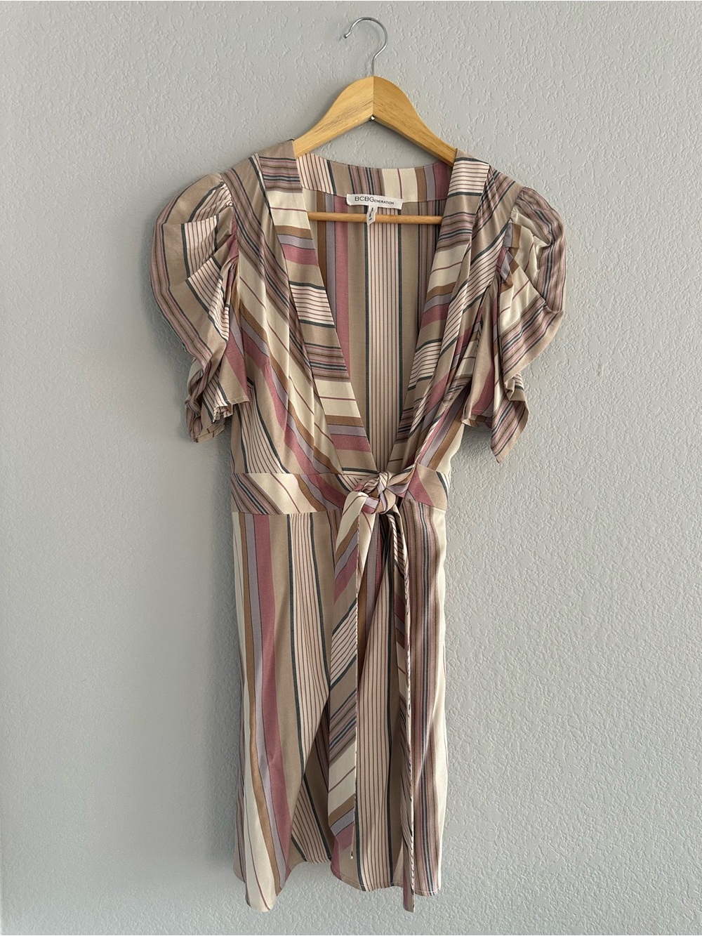 BCBGeneration Blush and Beige Striped Tie-Front Midi Dress